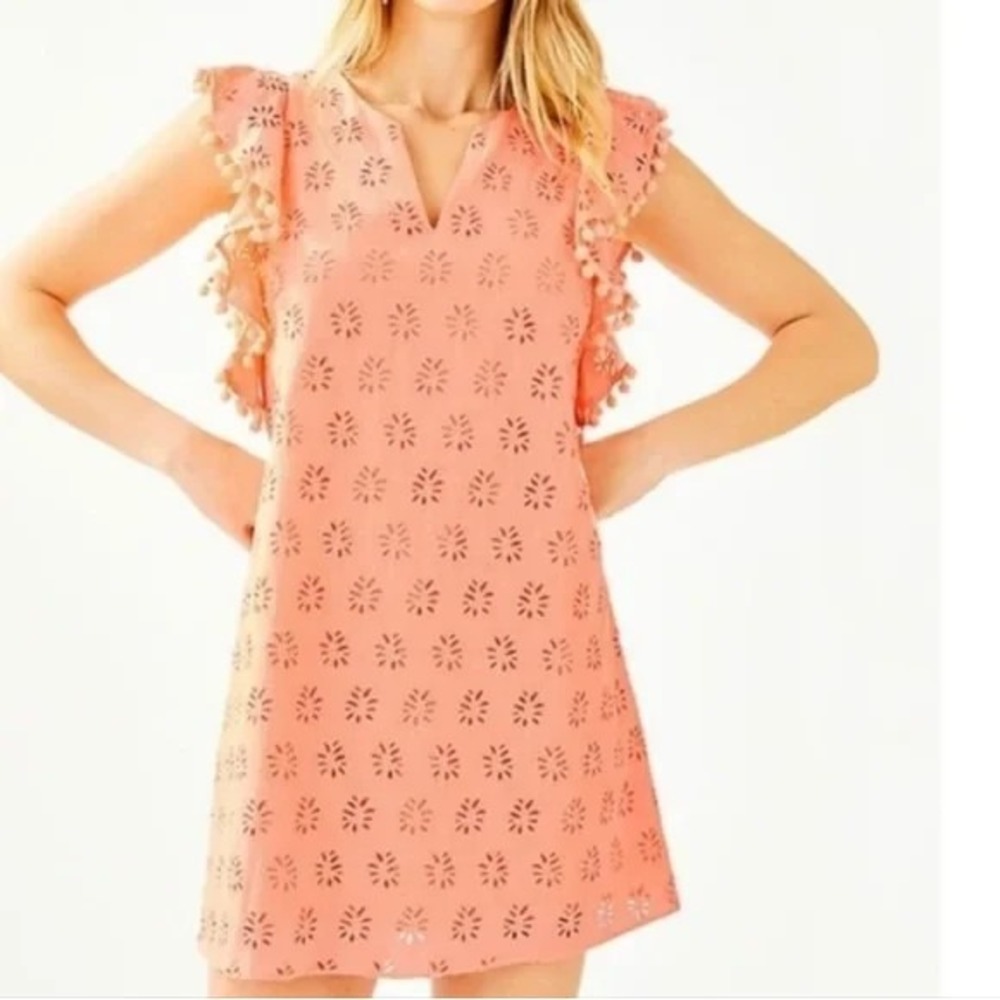 NWT Lilly Pulitzer Astara Palm Tree Eyelet Shift Dress Cotton Coral XS 0 2 4